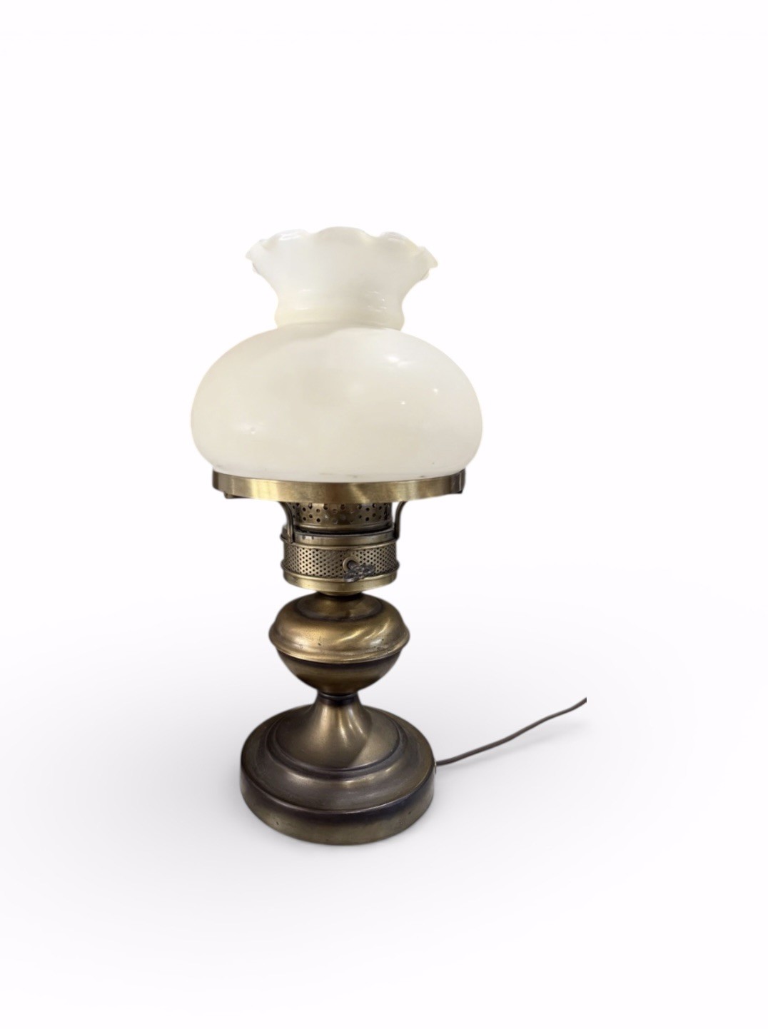 Antique Brass Oil Lamp Converted White Milk Glass Shade - Working- 15” Tall