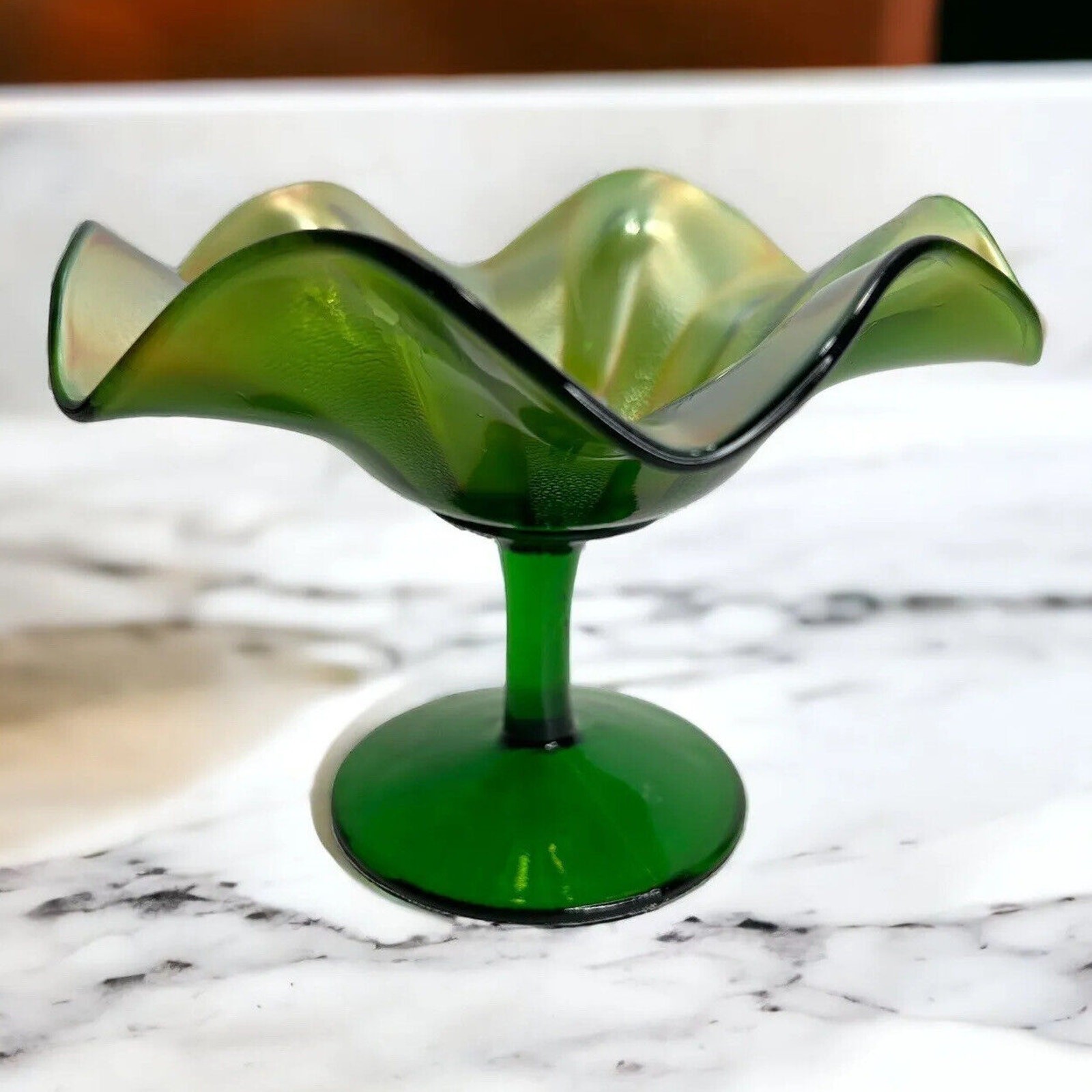 Vintage Northwood Carnival Glass Ruffled Pedestal Compote Candy Dish Green Gold