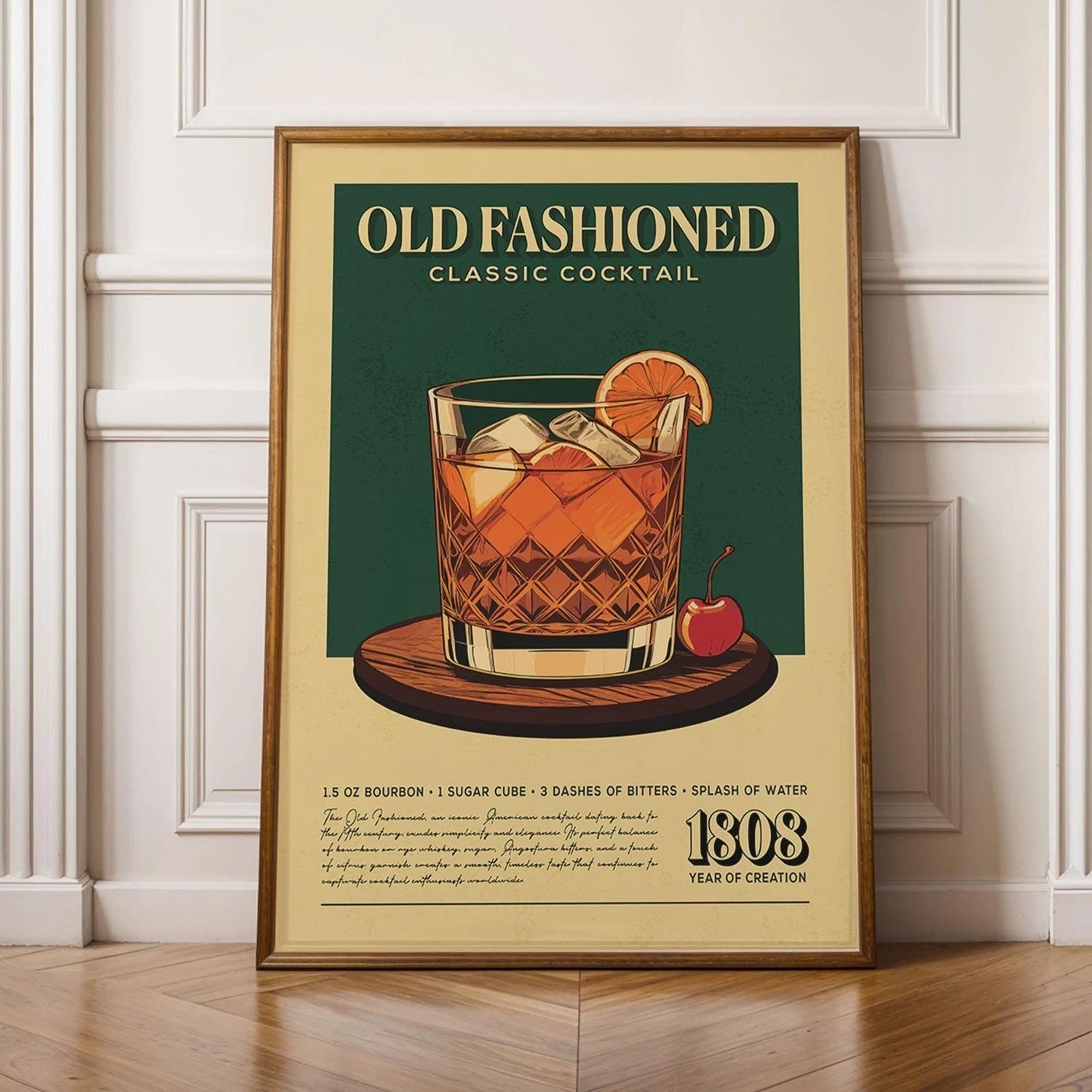 Old Fashioned Classic Cocktail Vintage Bar Recipe Poster