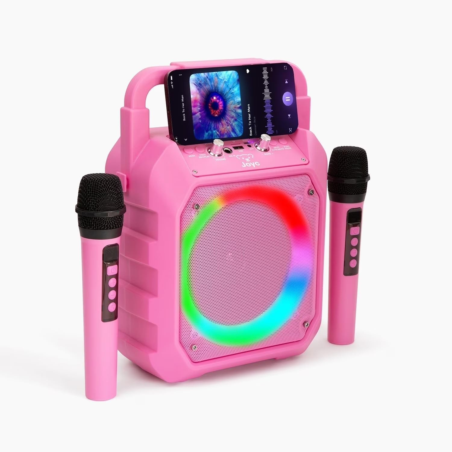 Pink Karaoke Machine w/ 2 Wireless Mics Bluetooth Speaker RGB Lights
