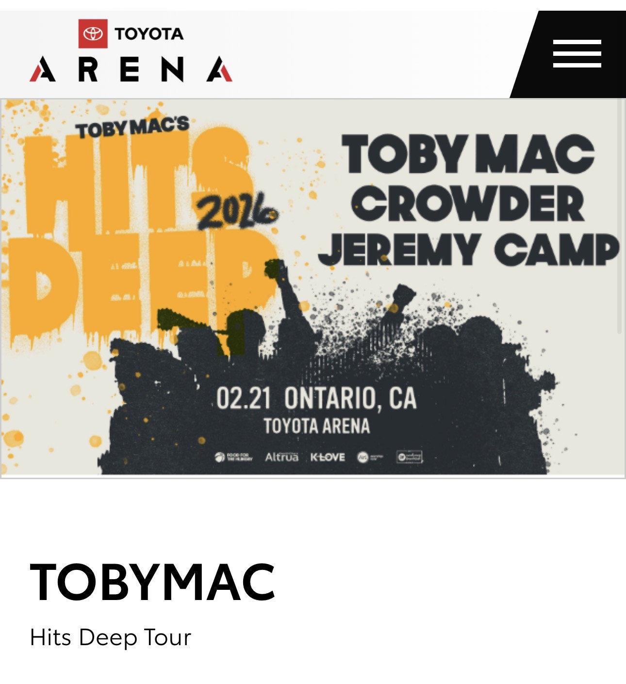 TOBYMAC / Crowder / Jeremy Camp: Hits Deep Tour FLOOR & AISLE SEATS 19-20 ROW 10