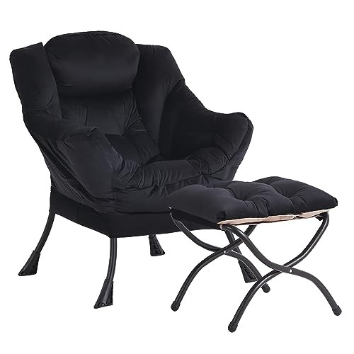 Lazy Chair and Ottoman Velvet Large Accent Chair with a Side Pocket, Black