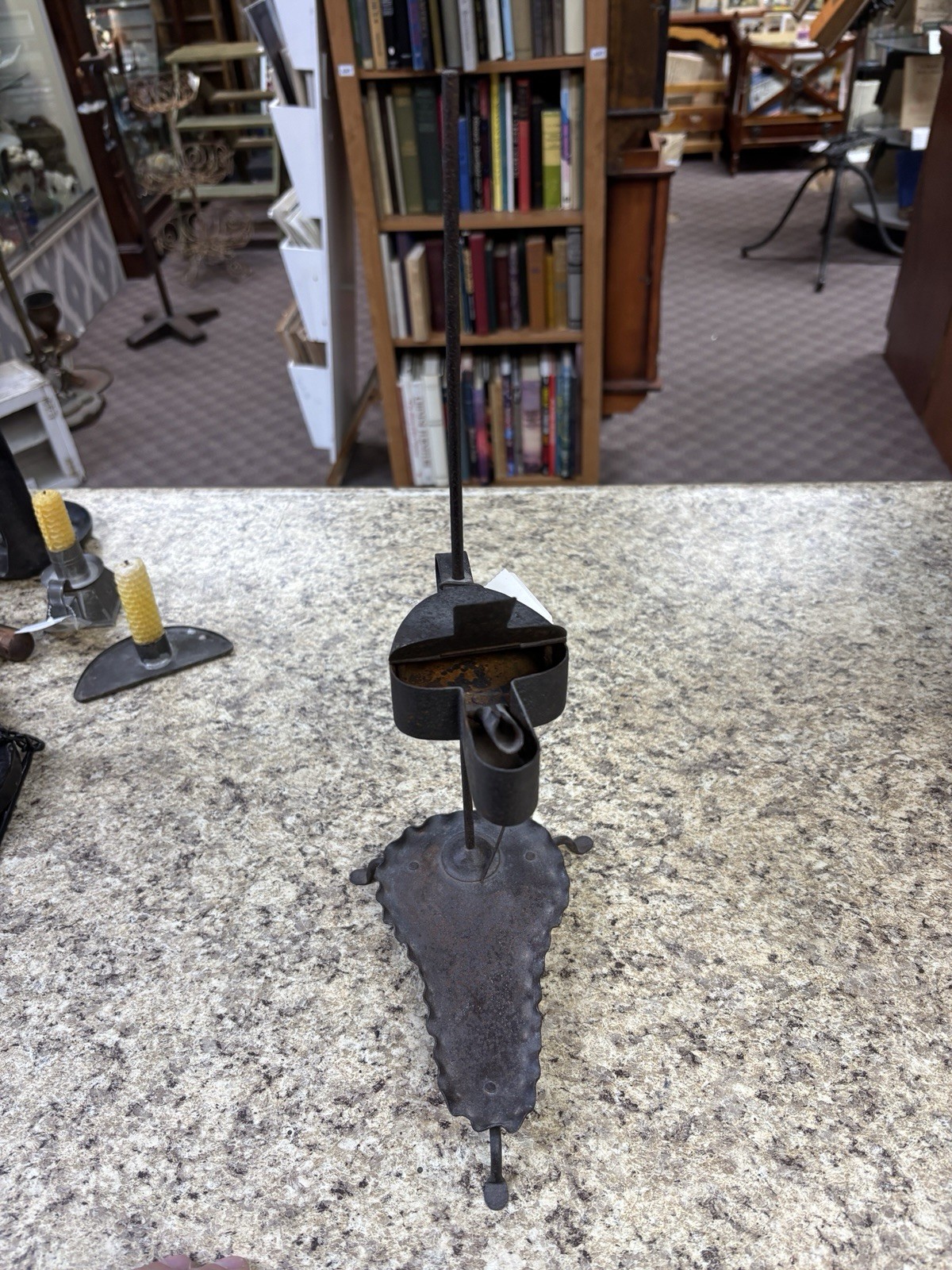 Antique betty lamp wrought iron 18th century whale oil lamp adjustable.  RARE!