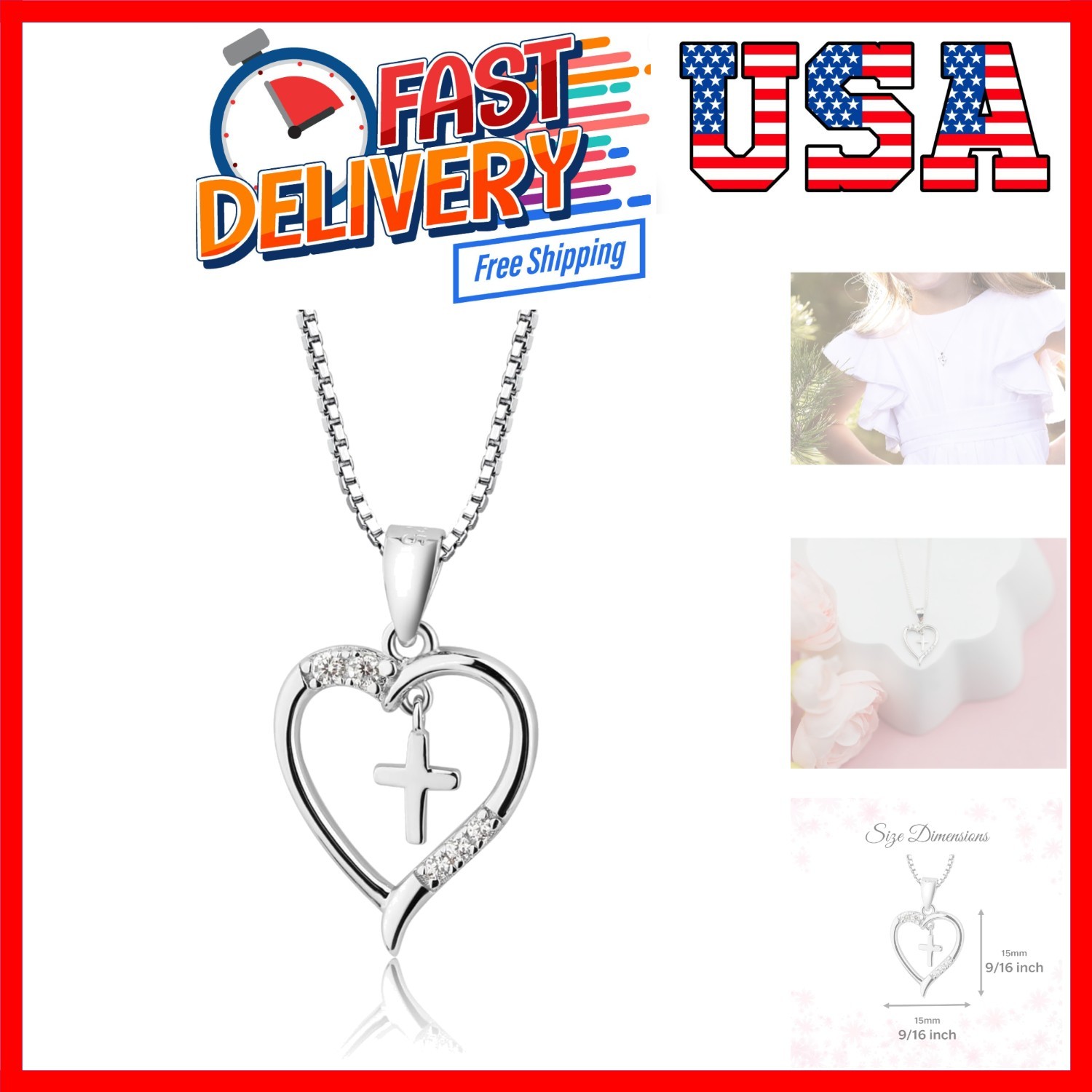Girl's 925 Sterling Silver First Communion Dancing Cross Heart Necklace