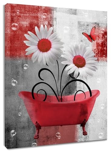  Floral Abstract Geometric Canvas Wall Art for Bathroom 16"L x 12"W Red