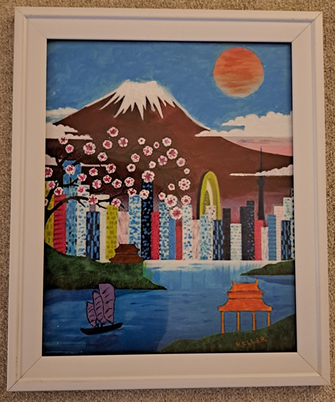 "HELLO JAPAN" Original Vibrantly Colorful Mixed Media On Canvas, framed