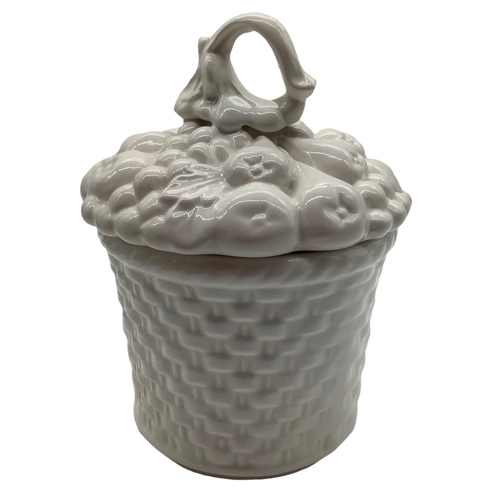 White Ceramic Cookie Jar Vintage Whittier Pottery Fruit Basket 8 Inches Tall MCM