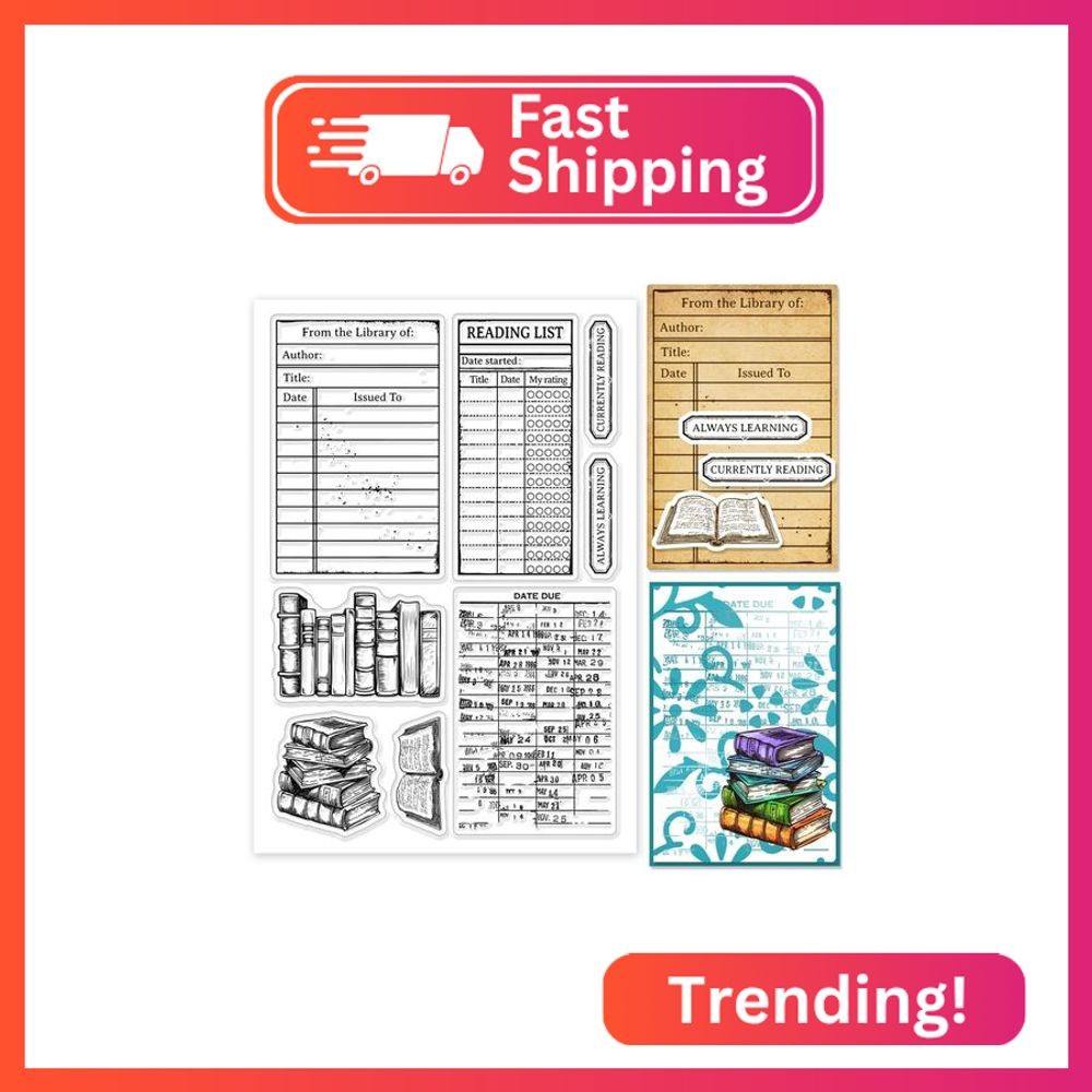 GLOBLELAND Books Clear Stamps Library Card Silicone Clear Stamp Reading List Tra