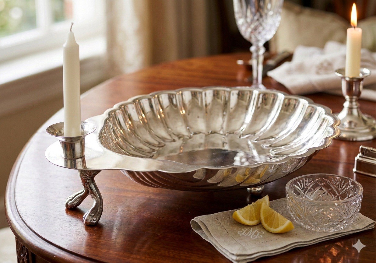 Vintage Silverplate Clamshell Serving Bowl - Dolphin Foot & Candle Holder