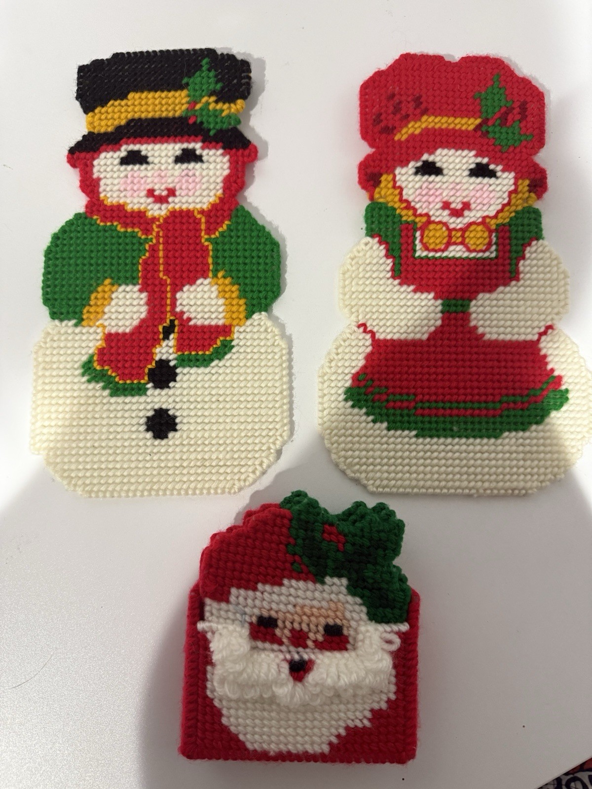 VTG Plastic Canvas Needlepoint "Mr & Mrs Snowman" Wall Hanging Christmas Coaster