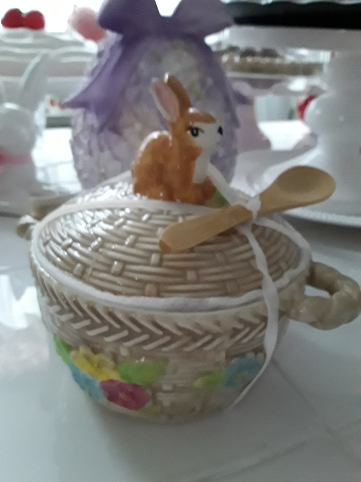 FINE CERAMIC EASTER  BUNNY PINK BOWS  BAKER W/BUNNY SPOON BRAND NEW