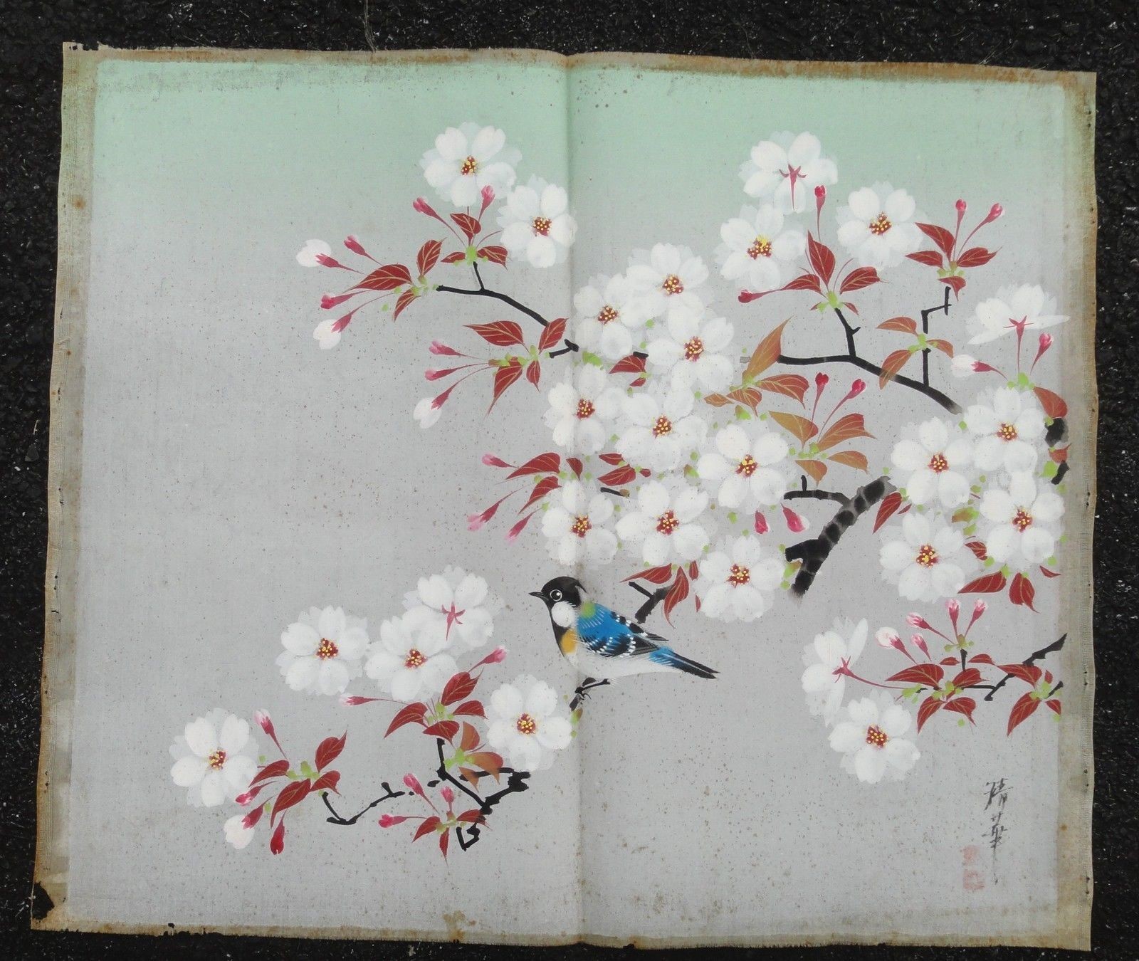 vintage JAPANES ART SILKSCREEN? PAINTED ART SILK? FABRIC older SIGNED 17.5x14.5"