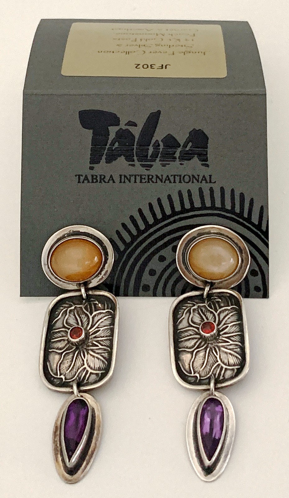 Tabra Post Earrings Sterling Silver Peach Moonstone Garnet & Amethyst 14Kt Gold