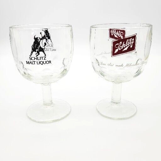 Schlitz Malt Liquor Beer Glass Milwaukee Thumbprint Set of 2 Mancave Barware Pub