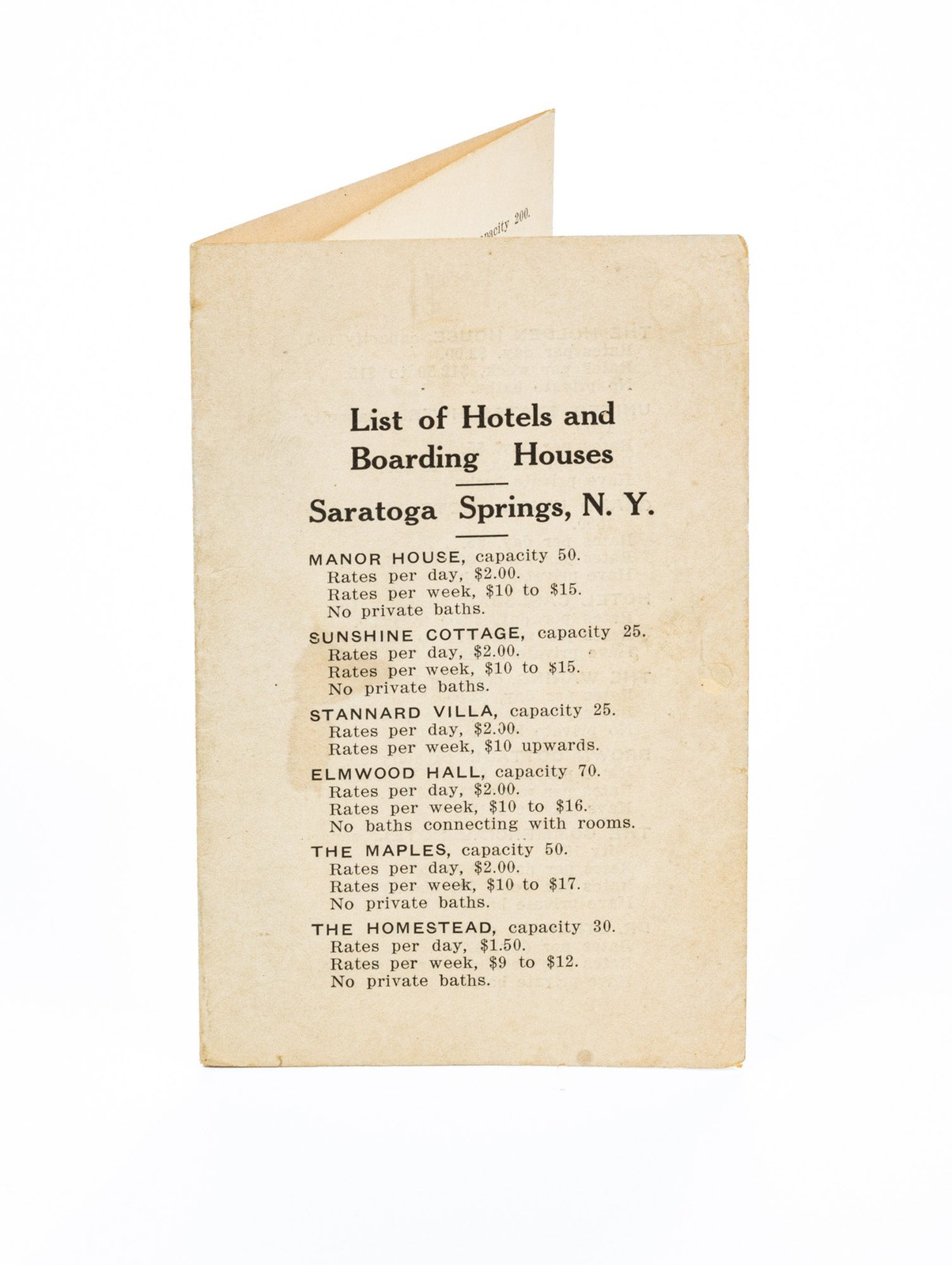 List of Hotels and Boarding Houses, Saratoga Springs, N.Y. [caption… – 1900s