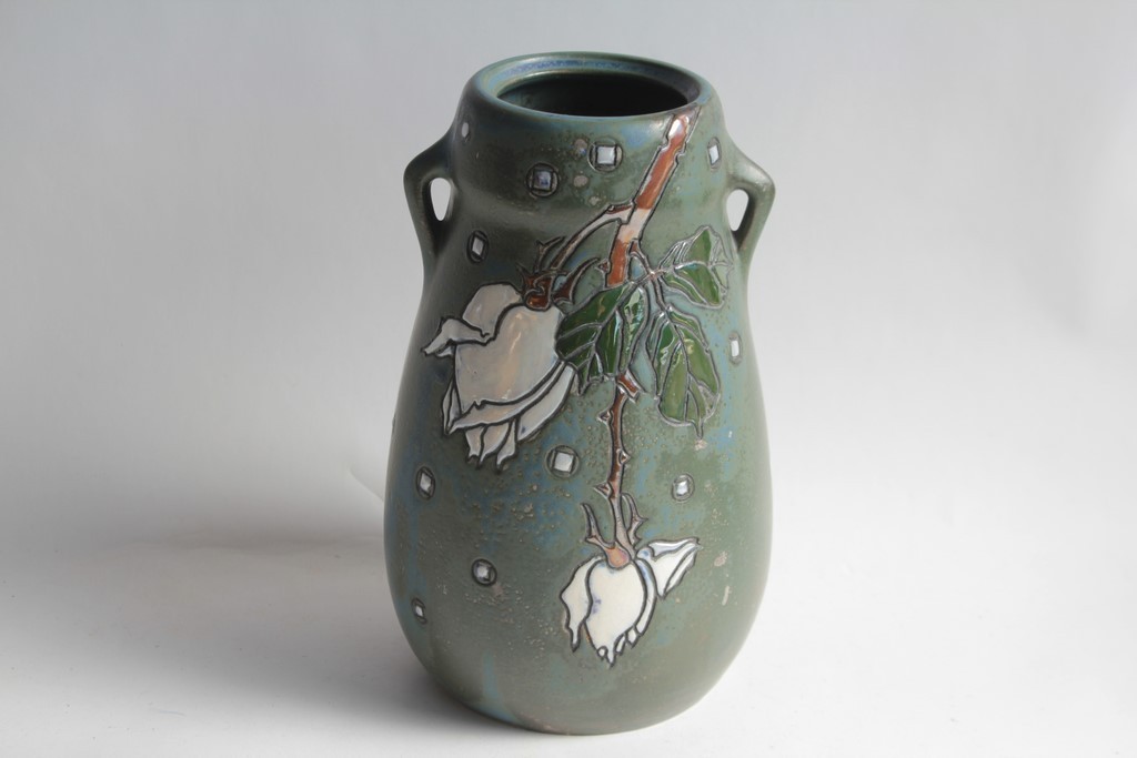 Antique glazed ceramic vase with flowers from Austria (65252)