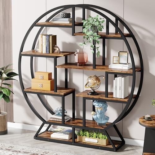  Bookshelf, Round Bookshelves Etagere Bookcase, 63 Inch Industrial Rustic Brown
