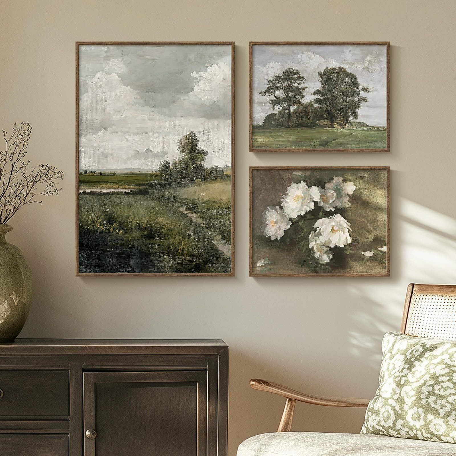 3 Piece Framed Vintage Canvas Wall Art Set, Large Green Floral and Tree Lands...