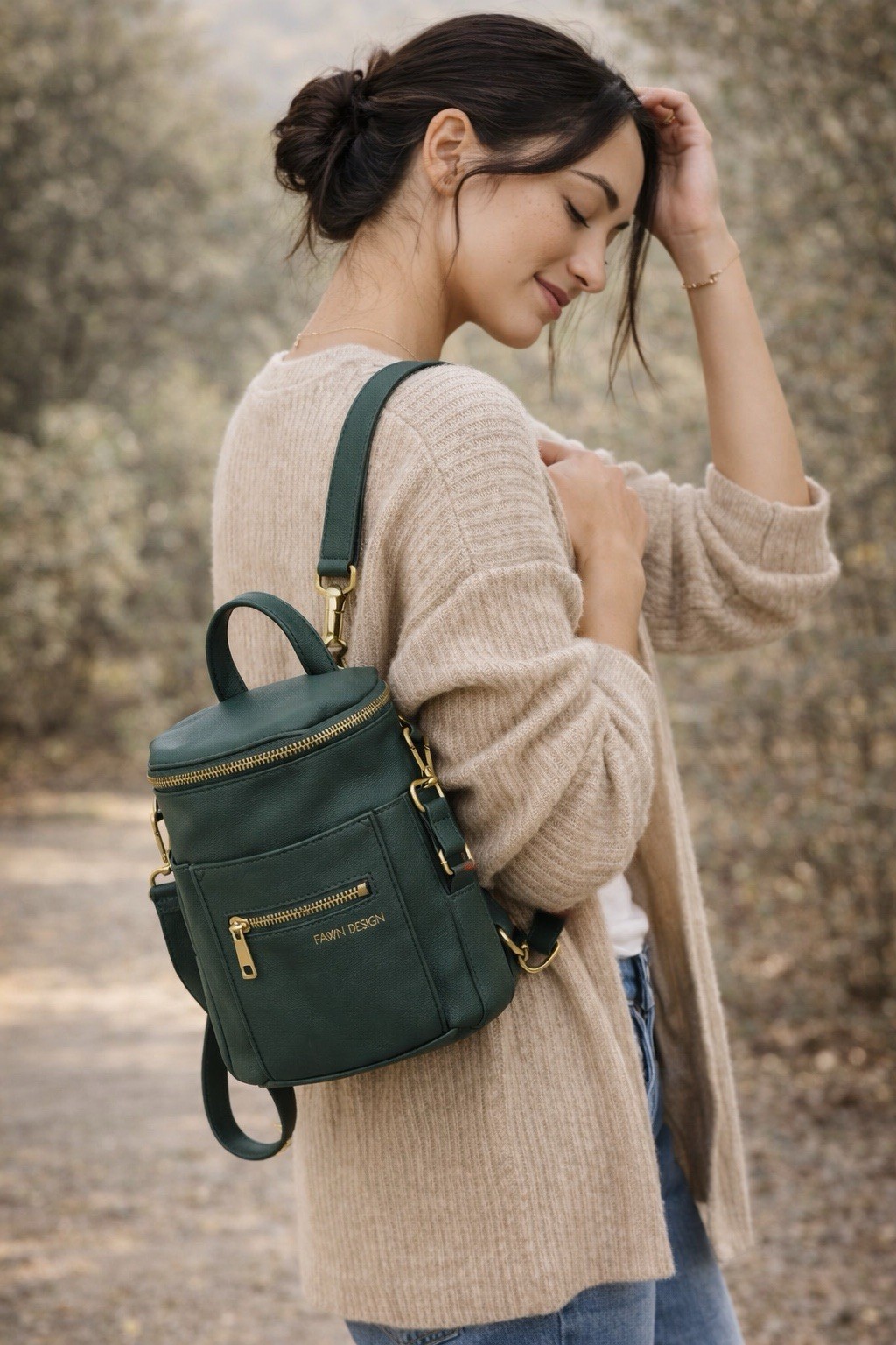 Fawn Design Mini Backpack Diaper Bag Vegan Leather Green Gold Hardware EUC $170