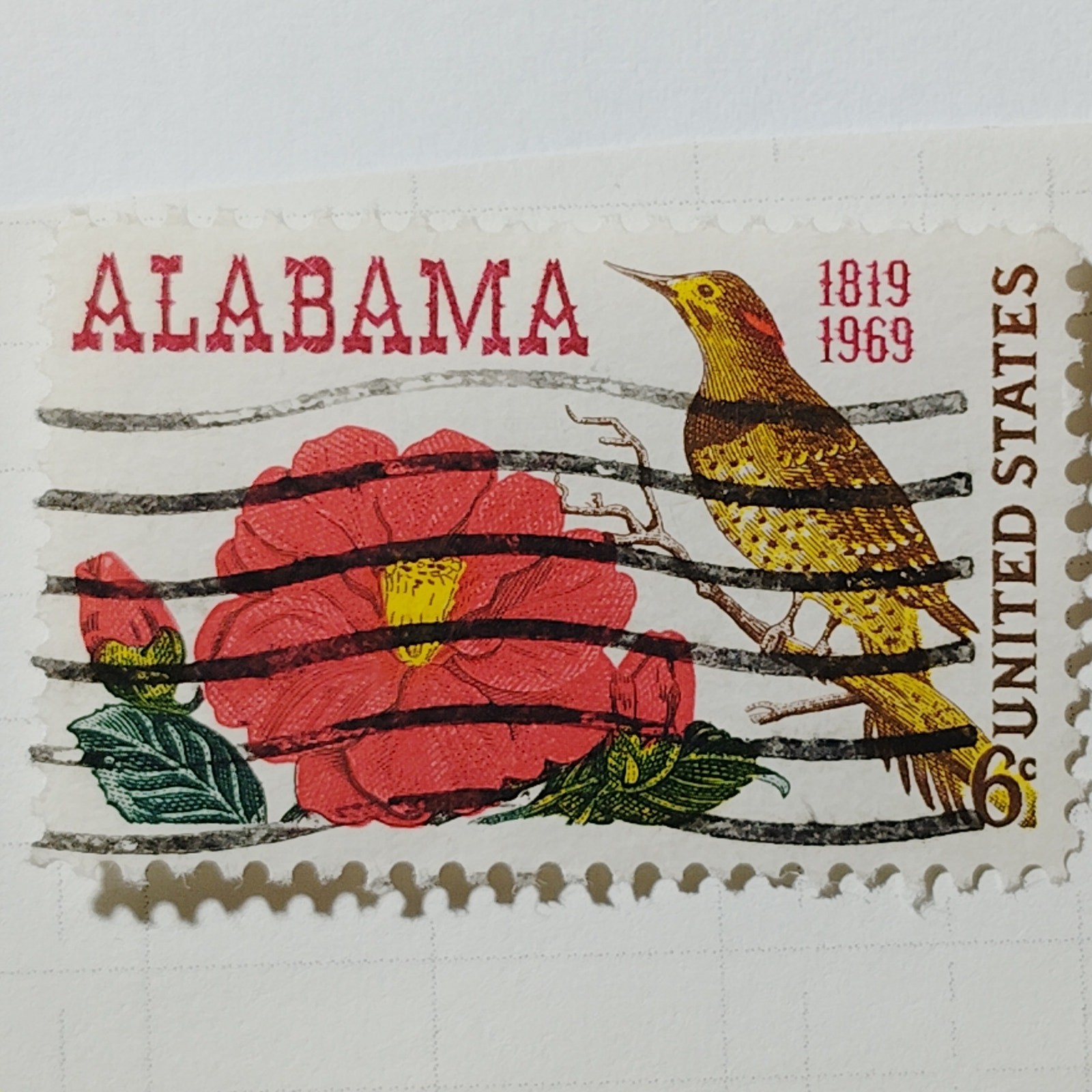 1969 US Postage Stamp Scott #1375 6c Alabama Statehood Camellia Bird Used