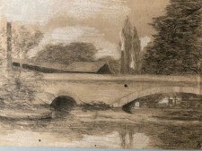 Very Nice Drawing Charcoal Xixth River Bridge Monogram to Identify Art Antique