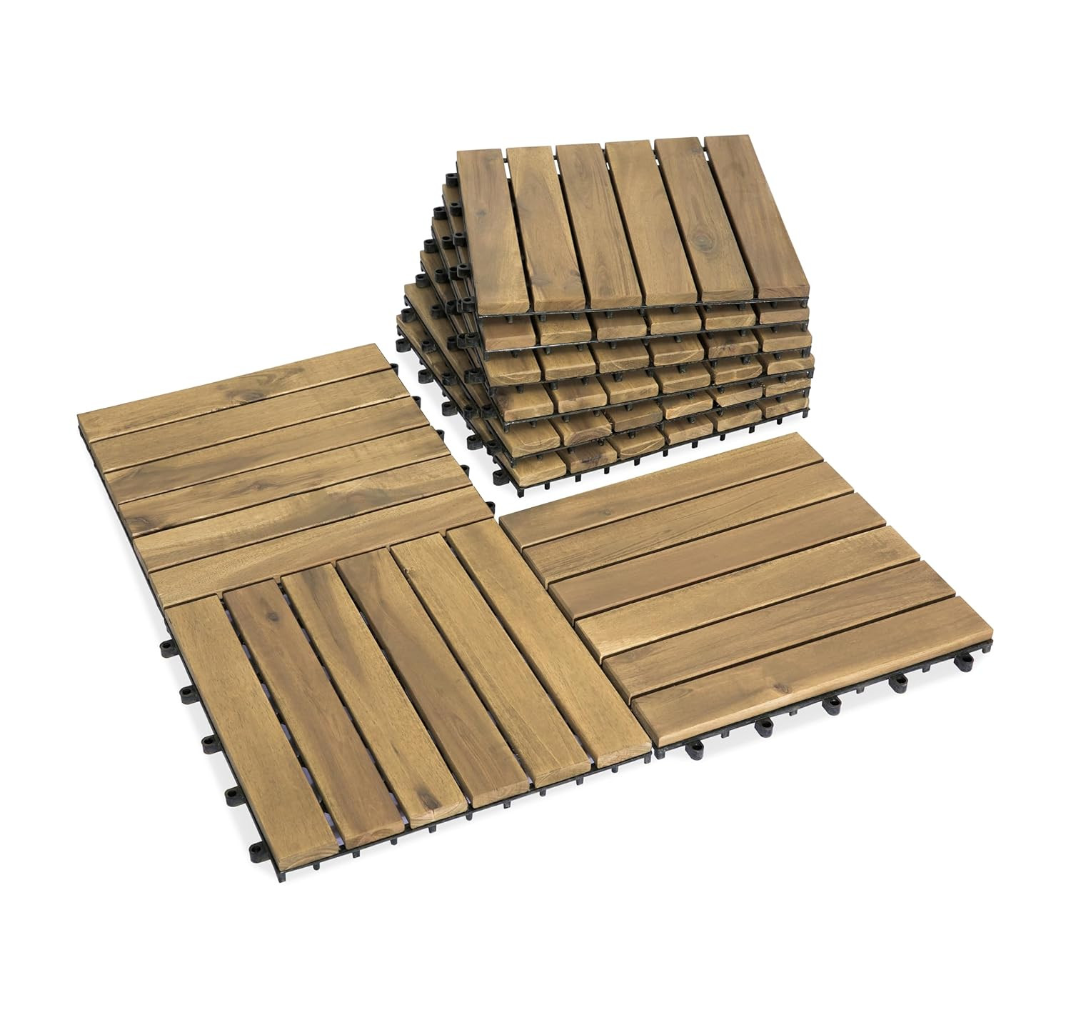 Acacia Wood Interlocking Deck Tiles - 9PCS All-Weather Waterproof Flooring