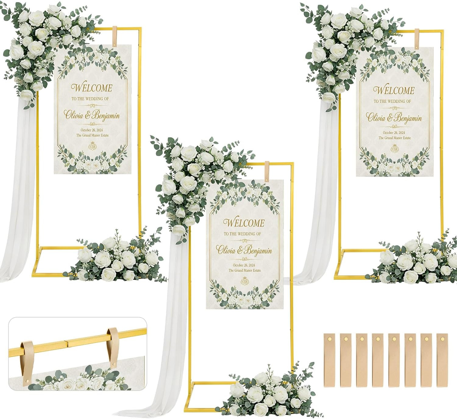 3-Pack Adjustable Metal Wedding Sign Holders with Leather Straps (Gold)