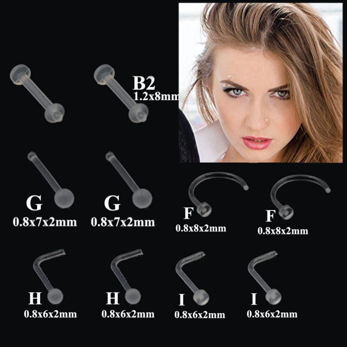 Pair Clear Acrylic Nose Ring Stud Invisible Nostril Ear Piercing Prevent Allergy