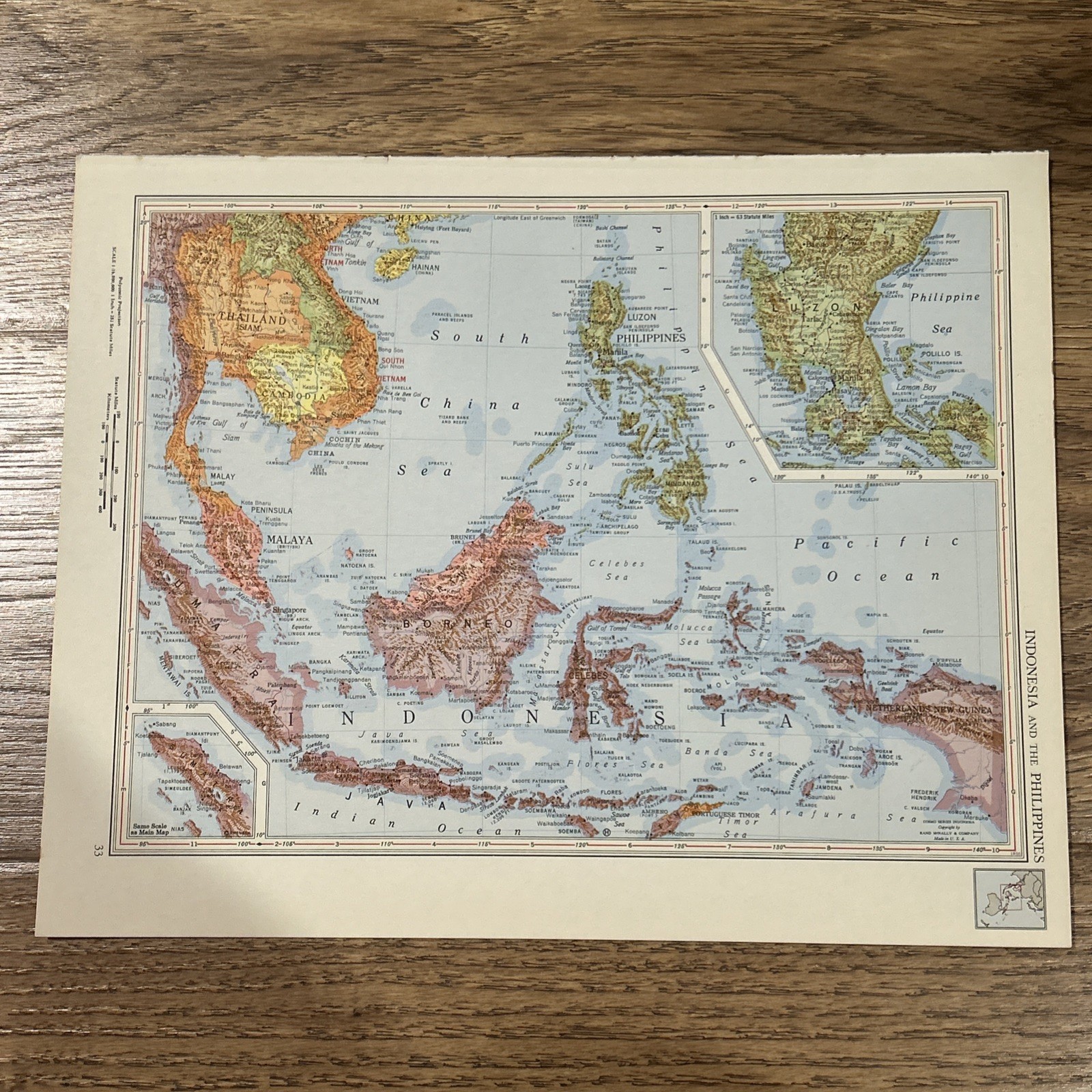 Antique 1956 Map Of Indonesia & Philippines 14”x11