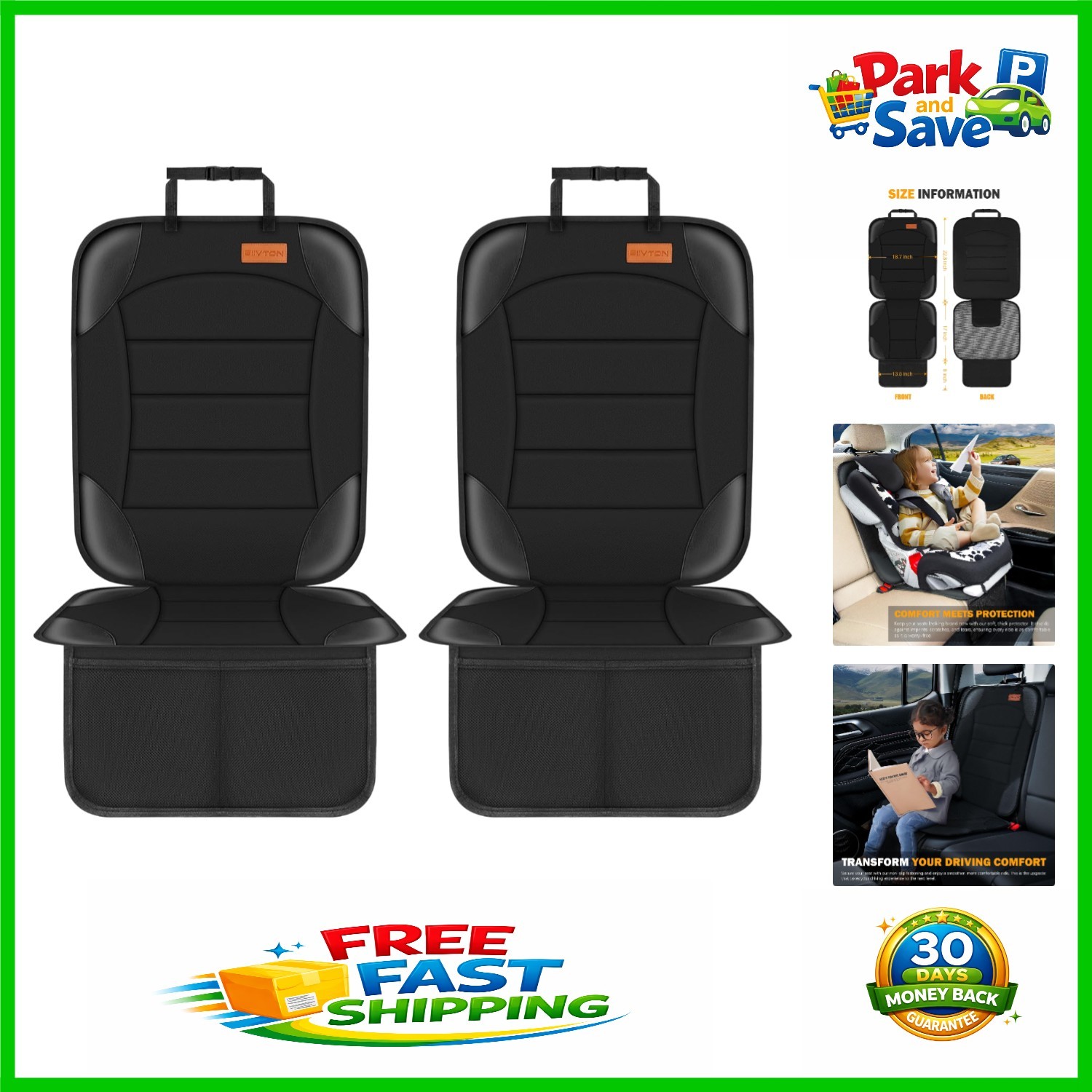 Black Car Seat Protectors with Anti-Slip Backing & Mesh Pockets - 2 Pack