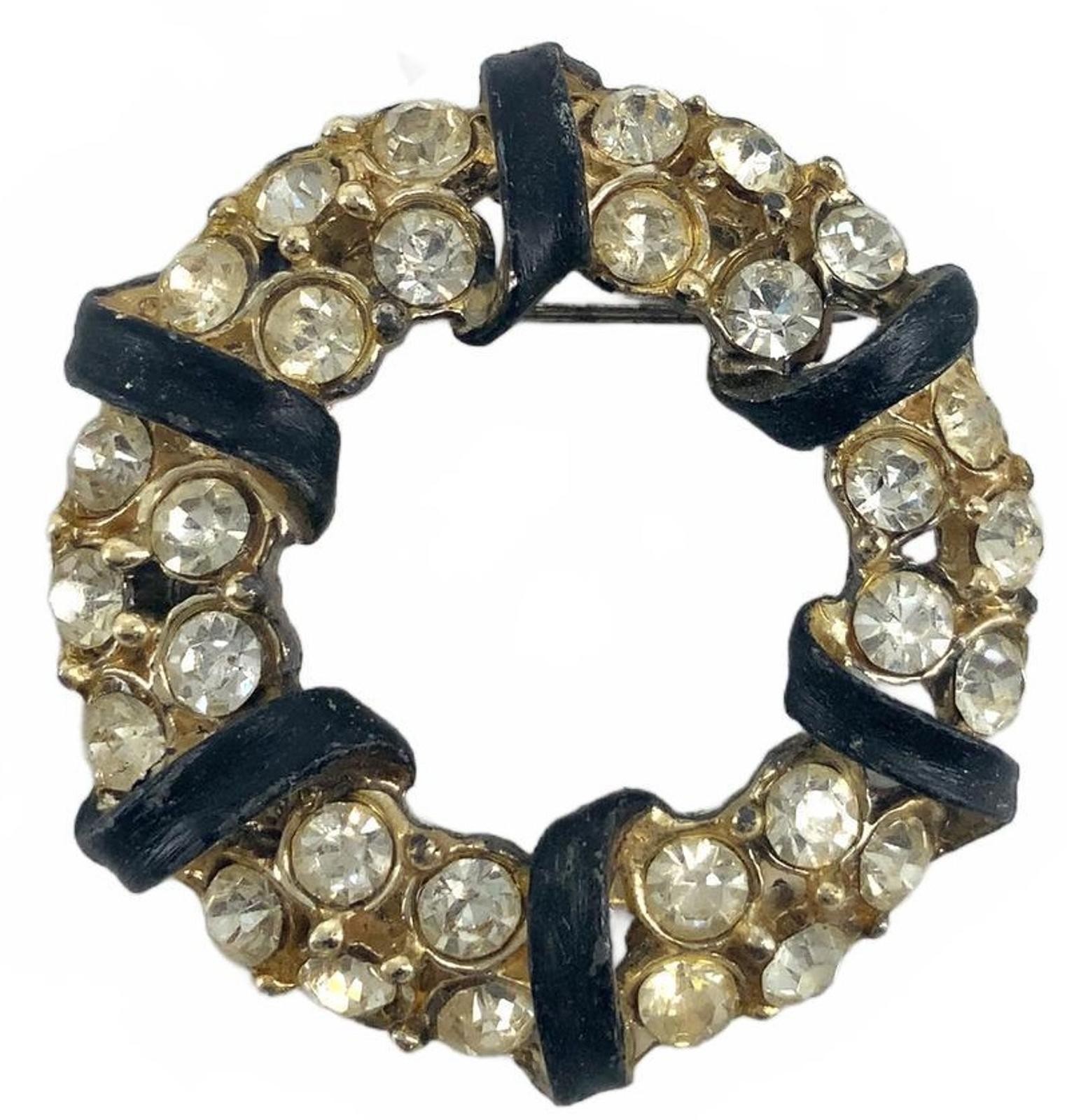 Vintage Rhinestone Enamel Mid Century Wreath Brooch Gold Tone Black Small Pin