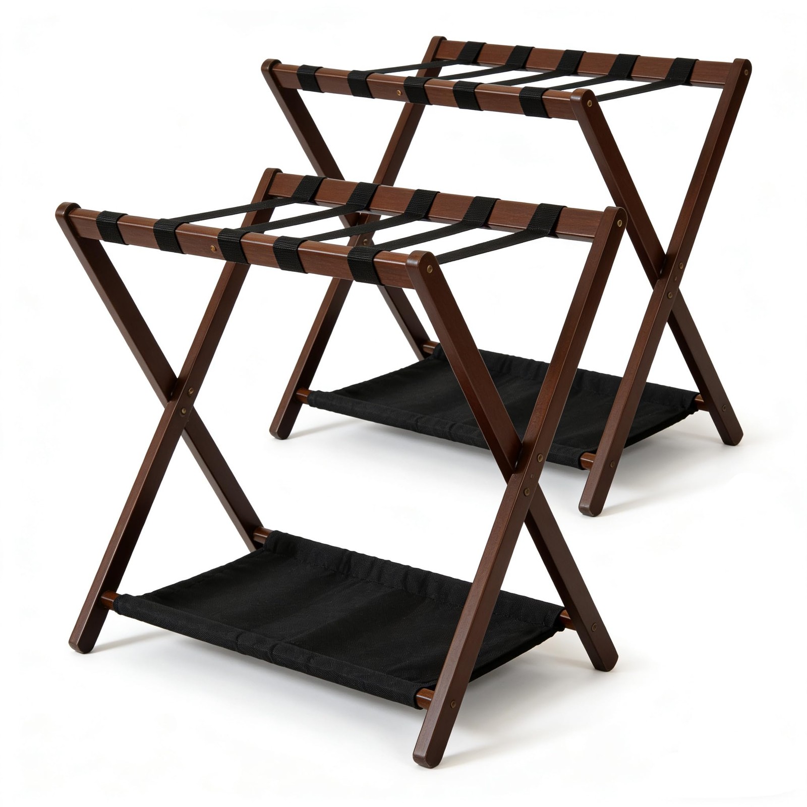 Walnut Bamboo Luggage Racks Set of 2 ,with 5 Nylon Straps, Foldable， Double-L...