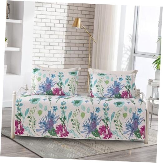  3 Pcs Floral Daybed Cover Set Twin Size Flower Sofa 39"x75" Purple Green White