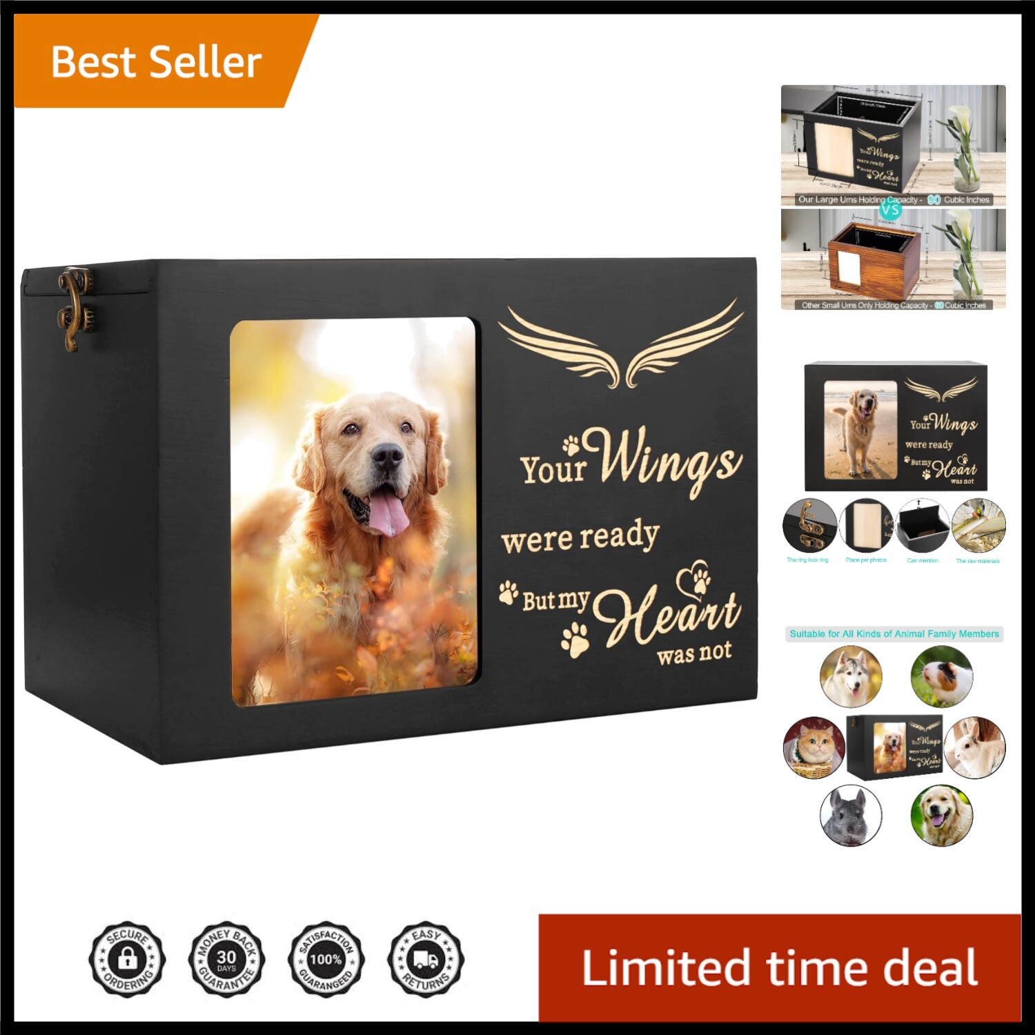 Large Wooden Pet Memorial Urn for Dog or Cat Ashes - Personalized Photo Frame