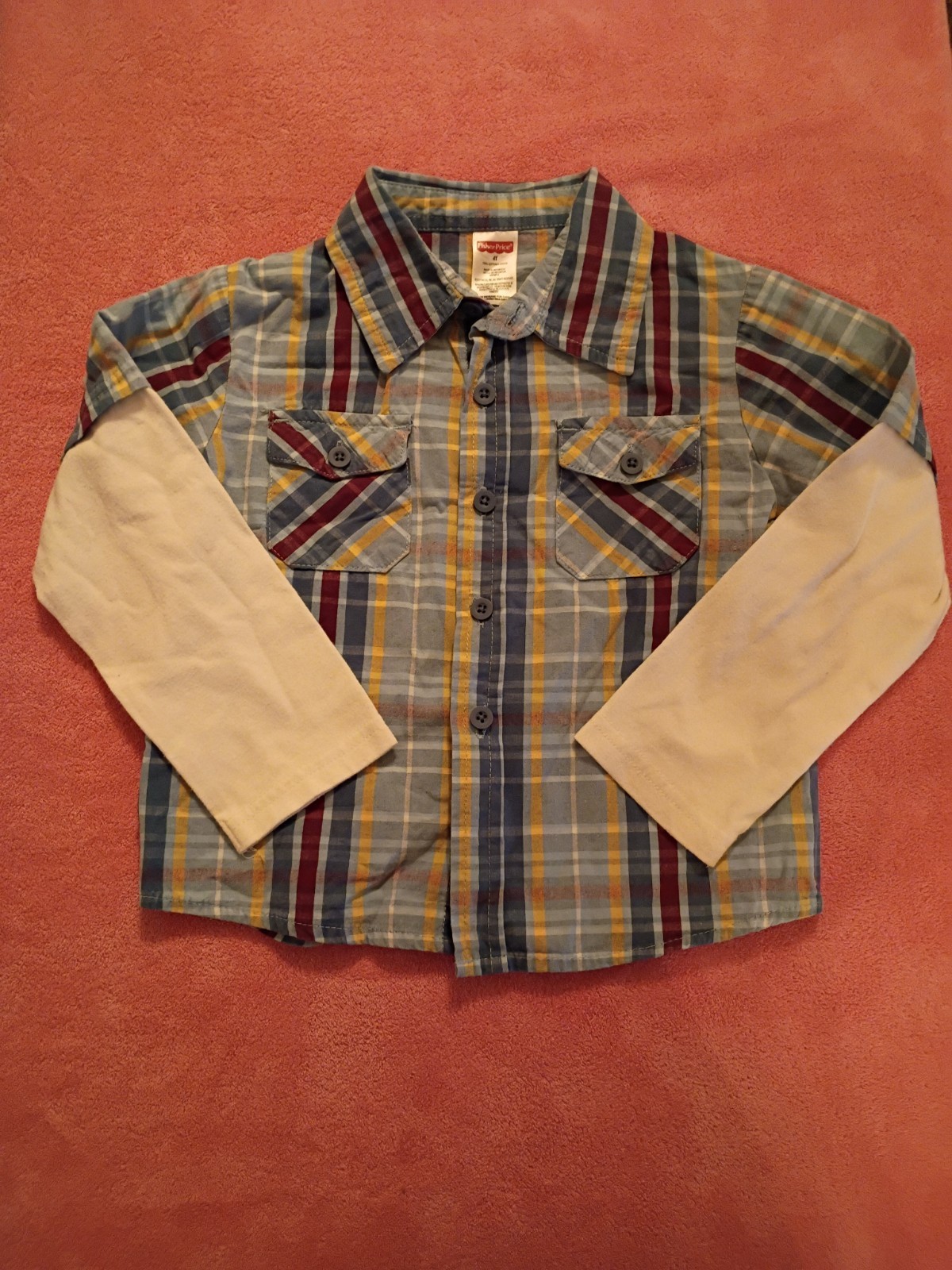 Fisher-Price Boys 4T Blue Yellow Red Plaid Button-Up Long Sleeve Cotton Shirt