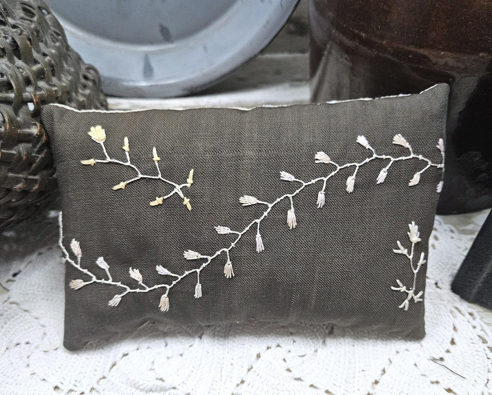 Vintage Brown Embroidered Quilt Doll Pillow