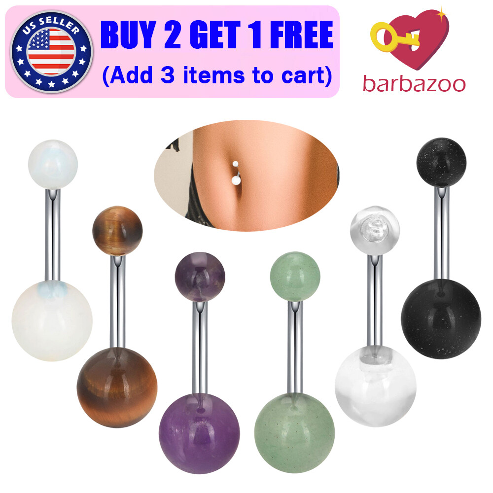 6PC Surgical Steel Belly Button Ring Natural Stone Ball Navel Curved Barbell 14G