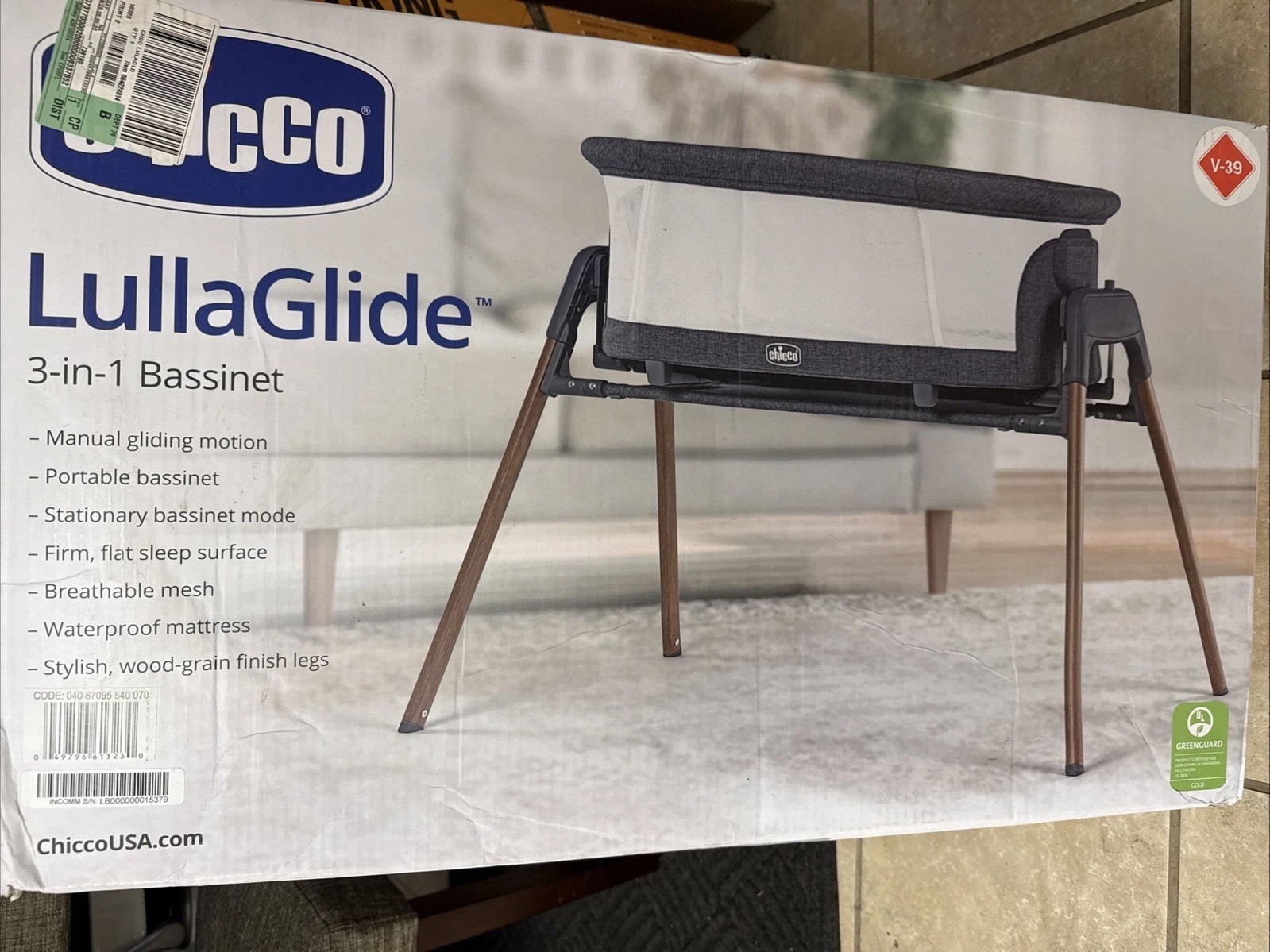 Chicco LullaGlide 3-in-1 Bassinet - Luna Grey Foldable