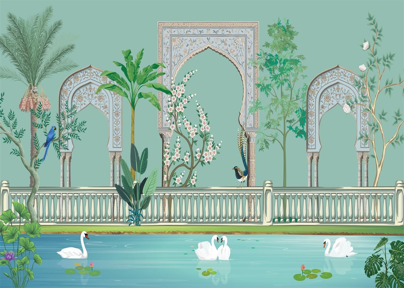 10x8ft Fabric Mughal Garden Backdrop Tropical Forest Arch Lake Peacock Green ...