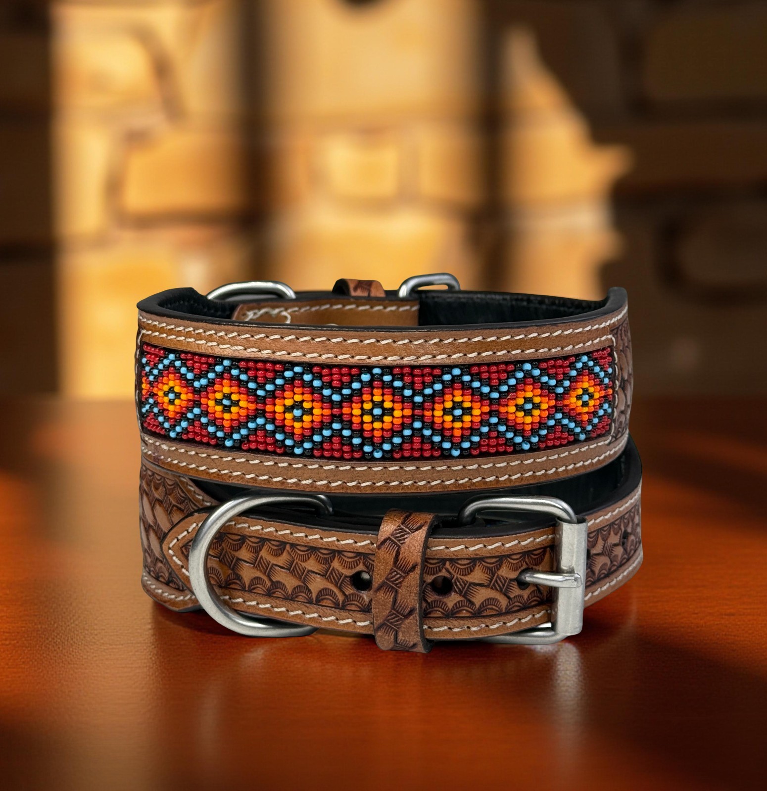 Beaded Genuine Leather Dog Cat Puppy Collar Hand Tooled Crafted Padded