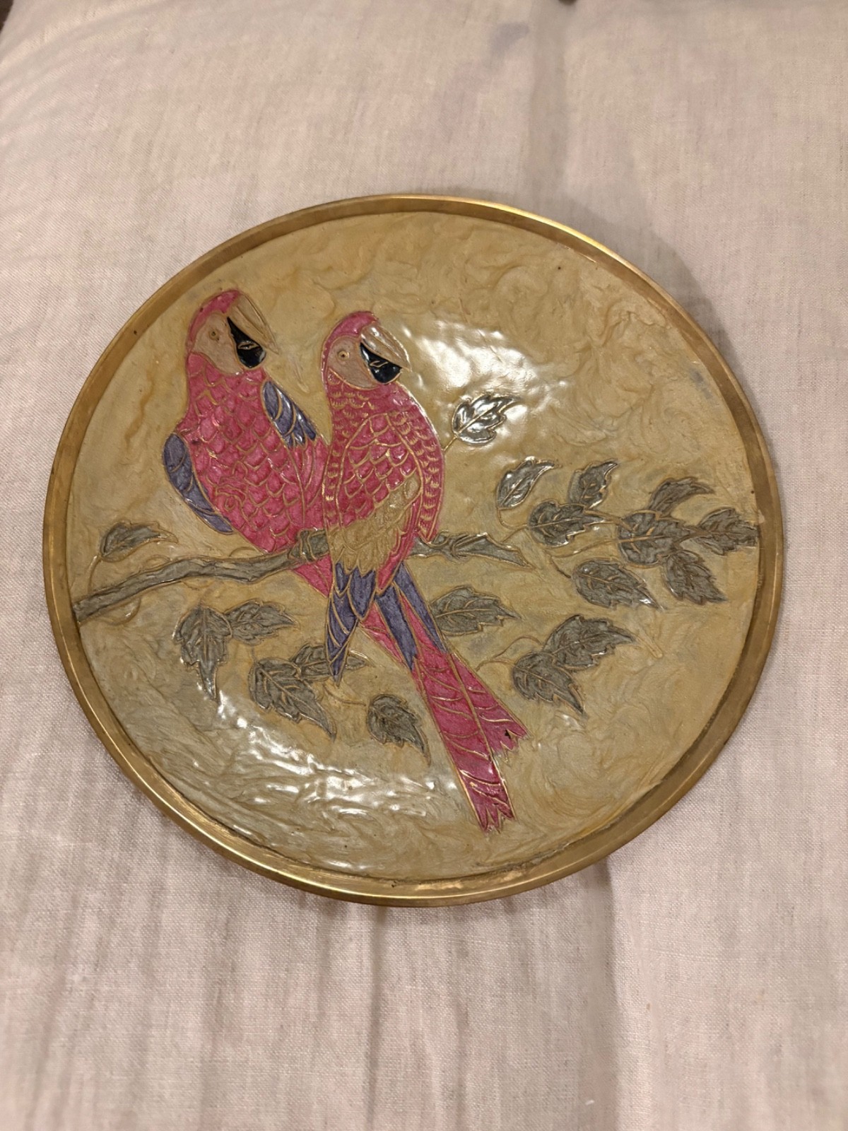 Vintage Enameled Brass Parrot Plate/Wall Handcrafted Inlay 8” India