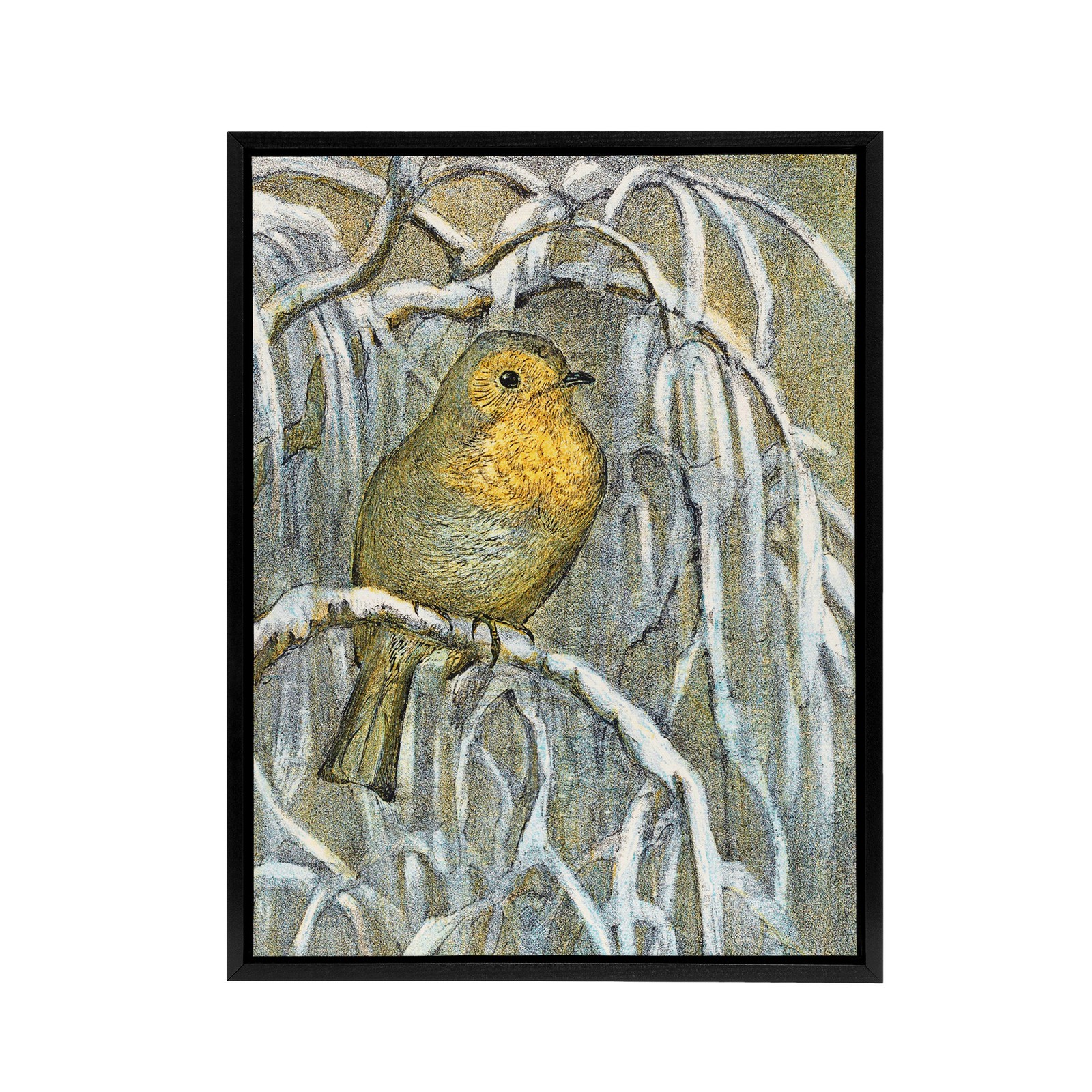 Robin on Snowy Tree Branch Framed Canvas Wall Art Print van Hoytema