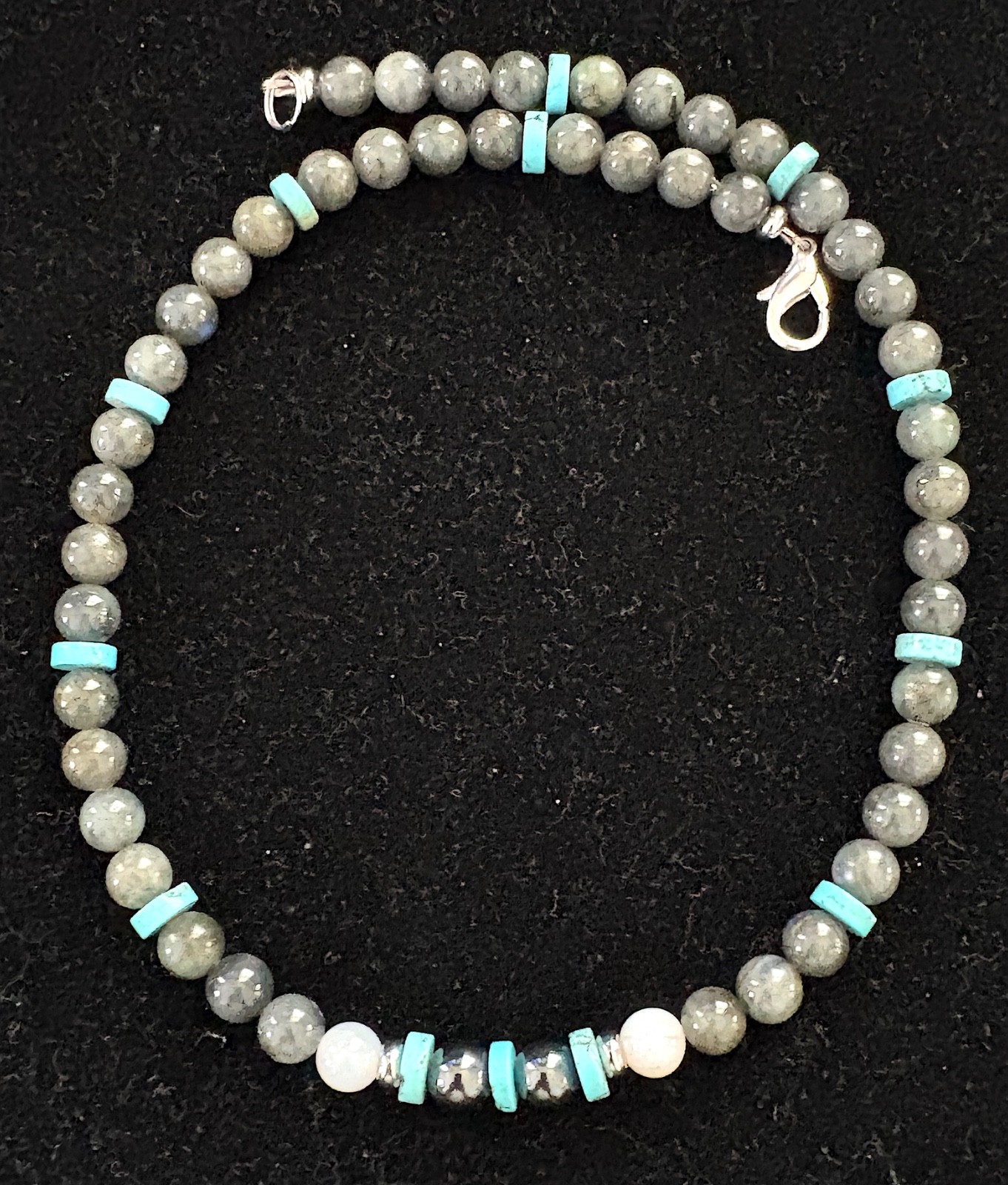 20" Grey & White Moonstone, Turquoise, & Hematite Gemstone Necklace