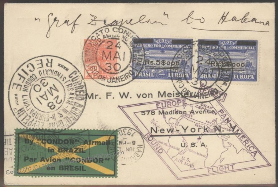 Brazil 1930 Graf Zeppelin Si59G Cover Pan America 5$000 OP 20000R Havana 103487