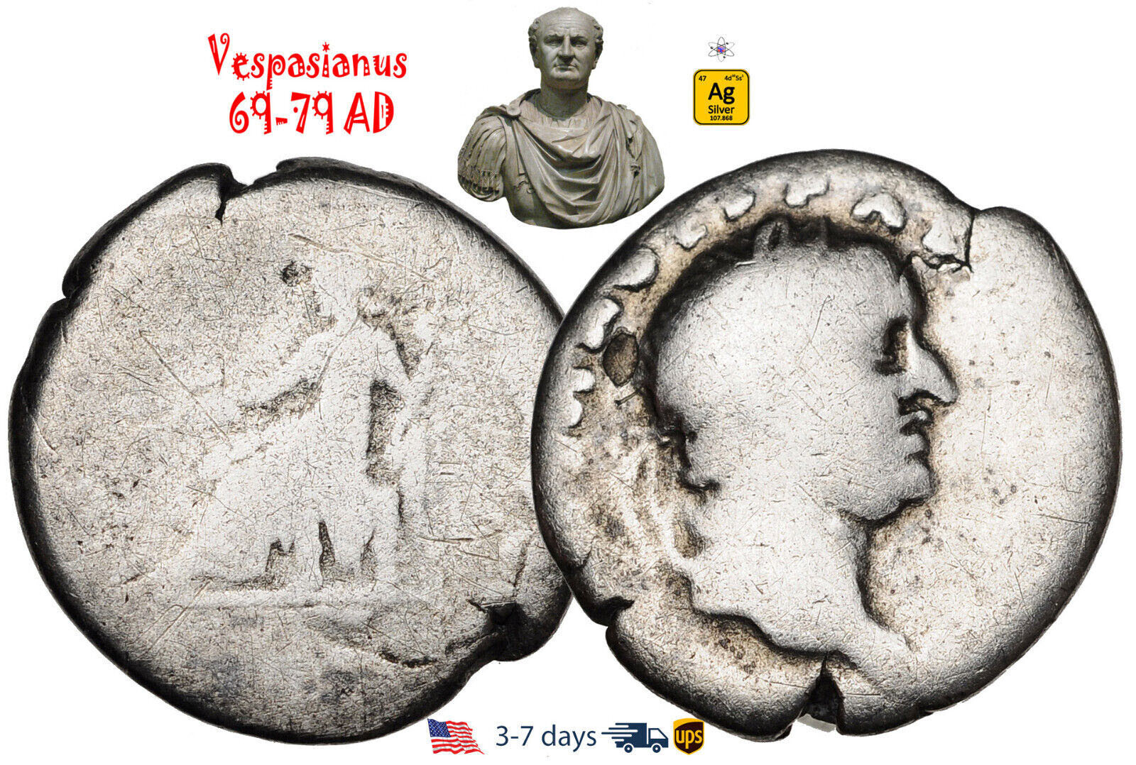 Ancient Roman Empire Coin Silver Denarius Vespasian 69 - 79 AD Authentic #30648