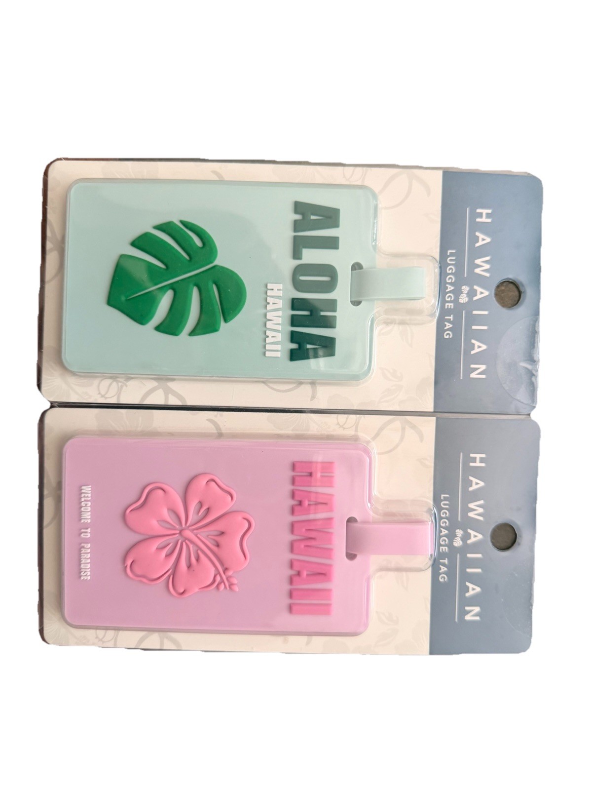 Hawaiian Luggage Tag Set Aloha Hawaii Green Leaf Pink Hibiscus