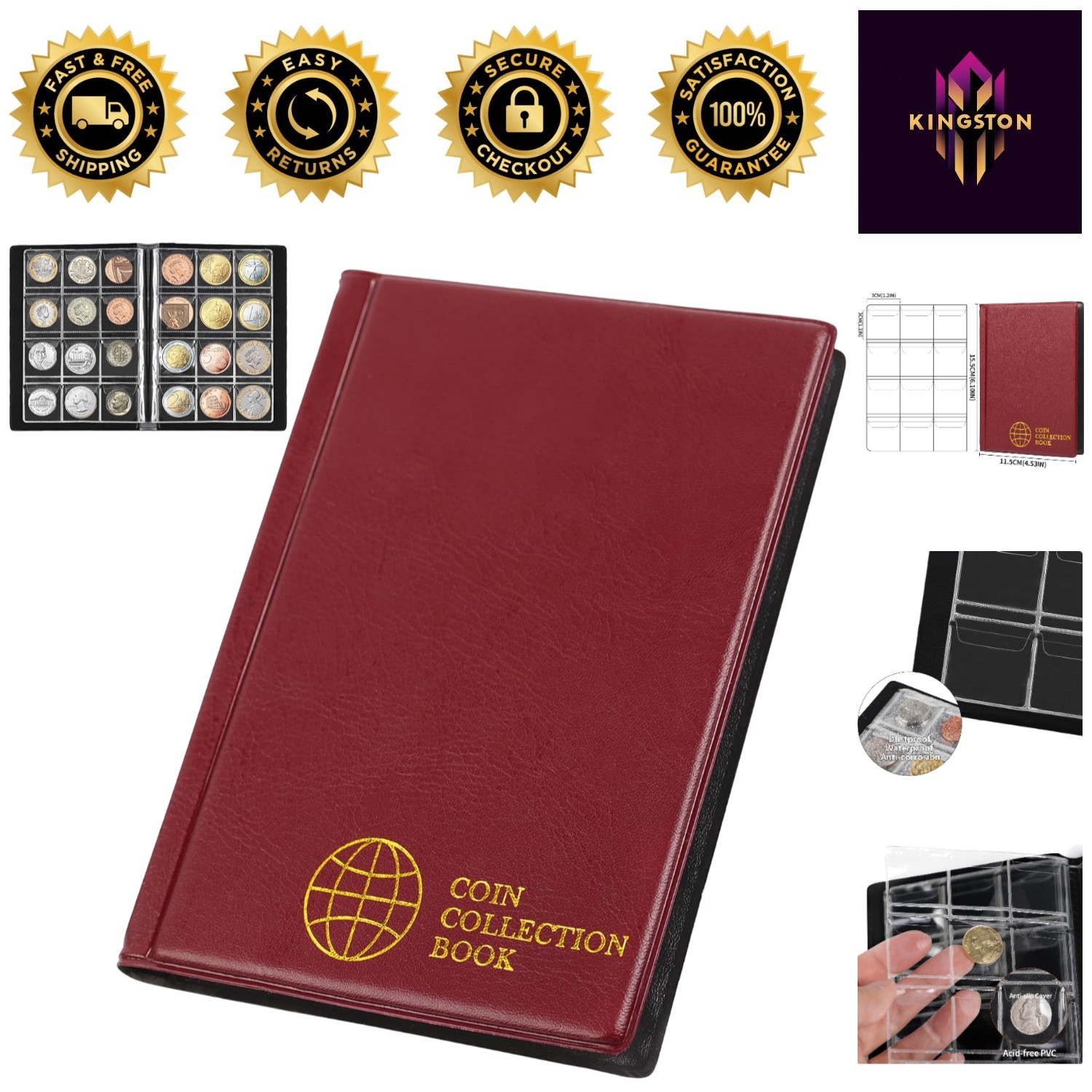 Stylish Pocket Size Coin Album - Burgundy 120 Pockets, Perfect for Collectors