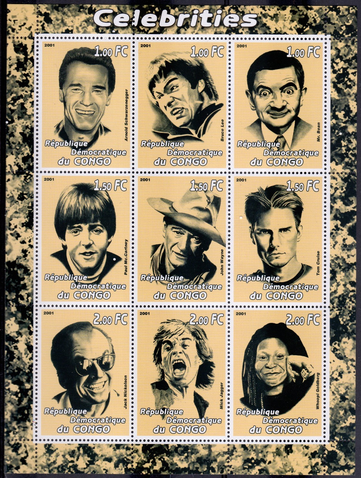 Congo 2001 CELEBRITIES Bruce Lee/Paul Mc.Cartney/Mick Jagger/Bean  Sheet (9) MNH