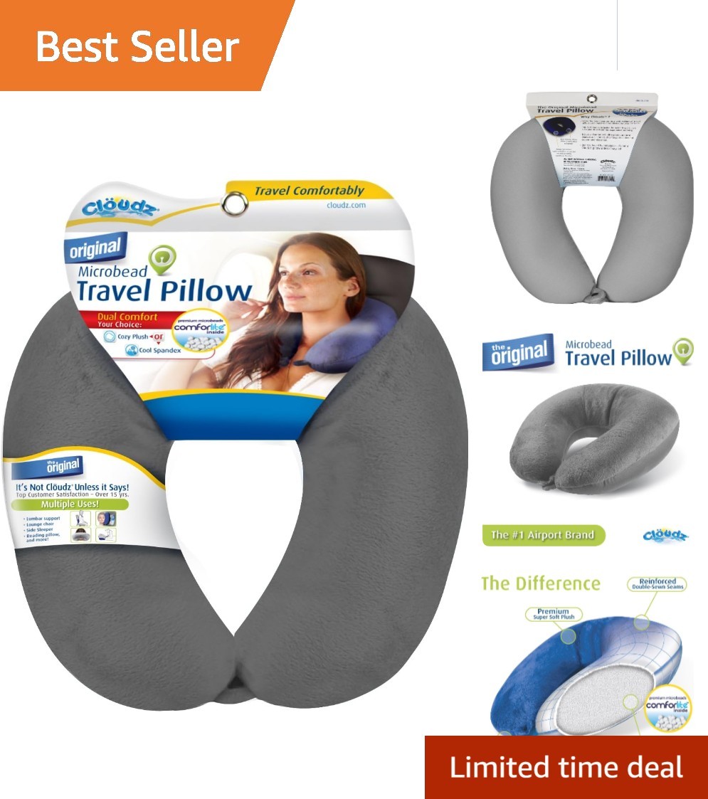 Microbead Travel Pillow with Snap Closure - Travel Essential in Grey