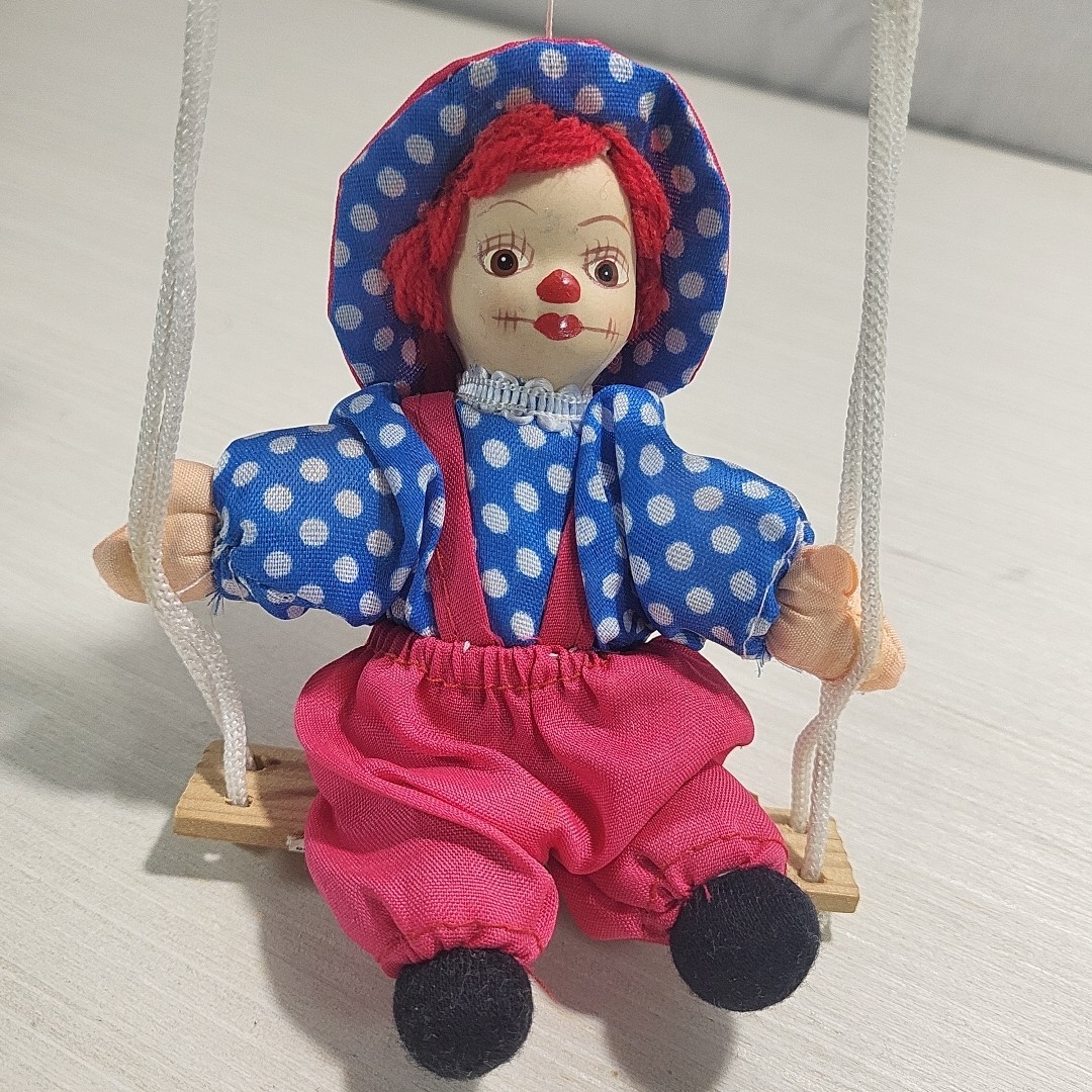 Vintage Porcelain Face Raggedy Ann Style Doll On A Swing Small, 6" Doll 